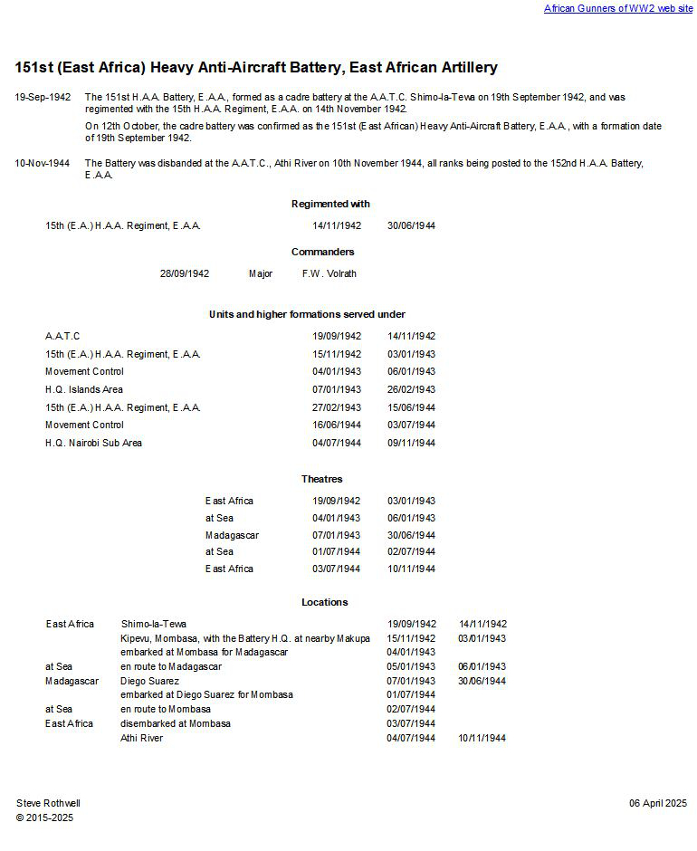 Summary history of the 151st (East Africa) H.A.A. Battery, E.A.A.