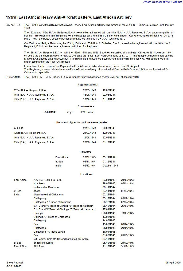 Summary history of the 153rd (East Africa) H.A.A. Battery, E.A.A.