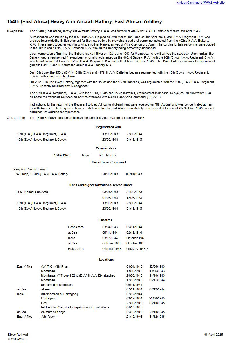 Summary history of the 154th (East Africa) H.A.A. Battery, E.A.A.