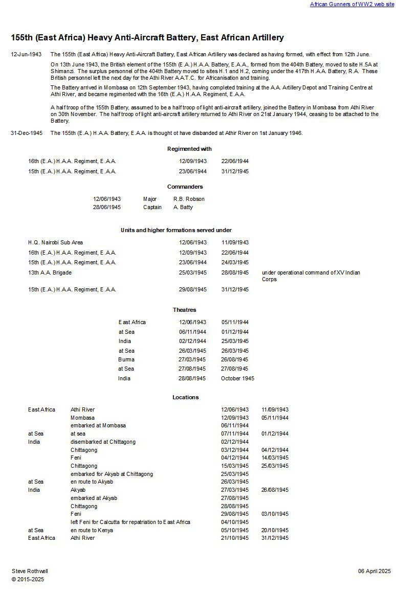Summary history of the 155th (East Africa) H.A.A. Battery, E.A.A.
