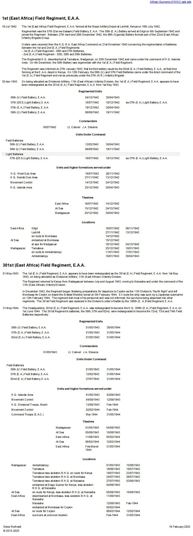Summary history of the 1st-301st (E.A.) Field Regiment, E.A.A.