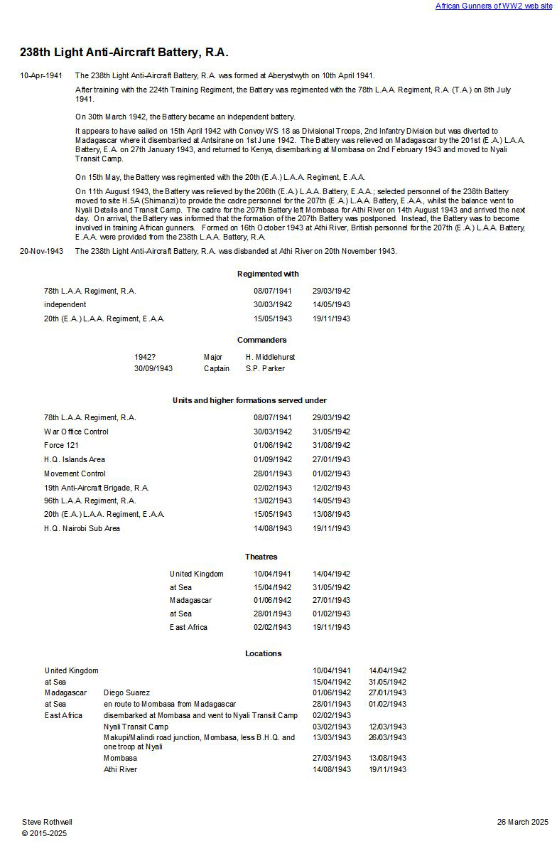 Summary history of the 238th L.A.A. Battery, R.A.