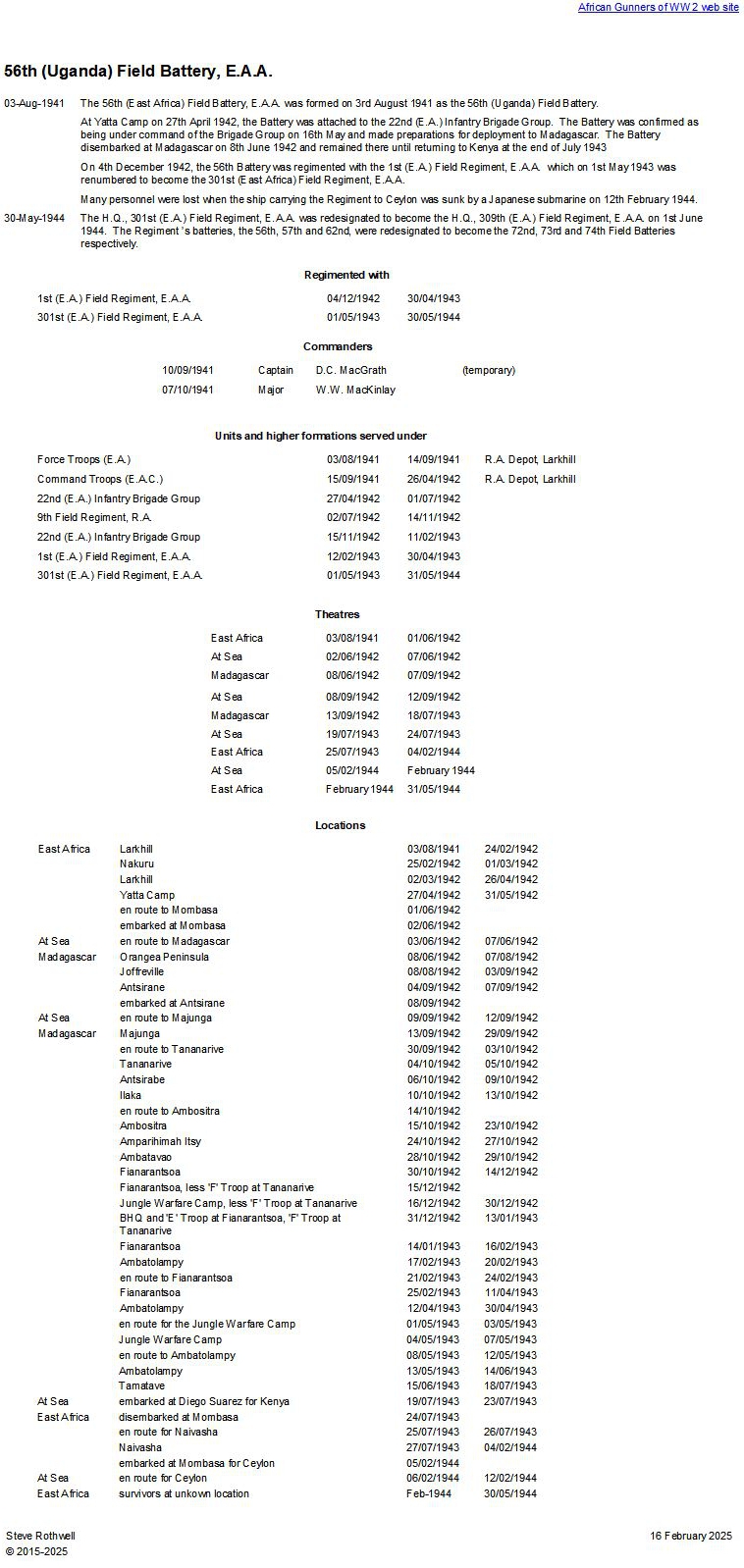 Summary history of the 56th (Uganda) Field Battery, E.A.A.