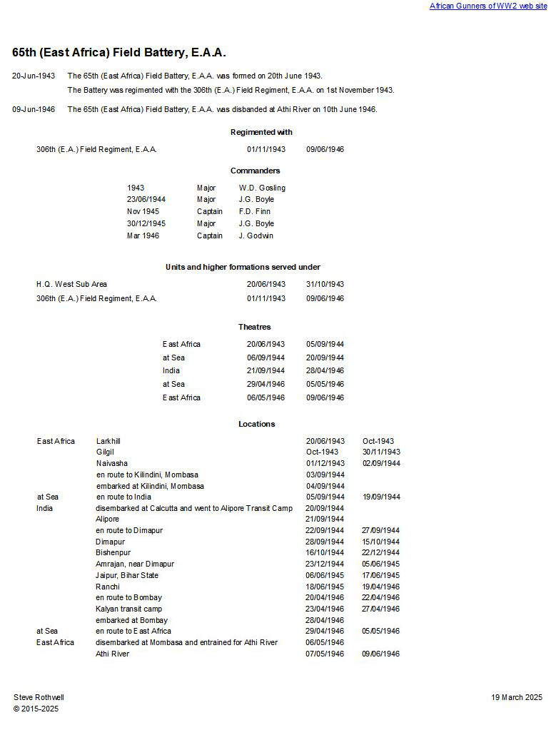 Summary history of the 65th (East Africa) Field Battery, E.A.A.