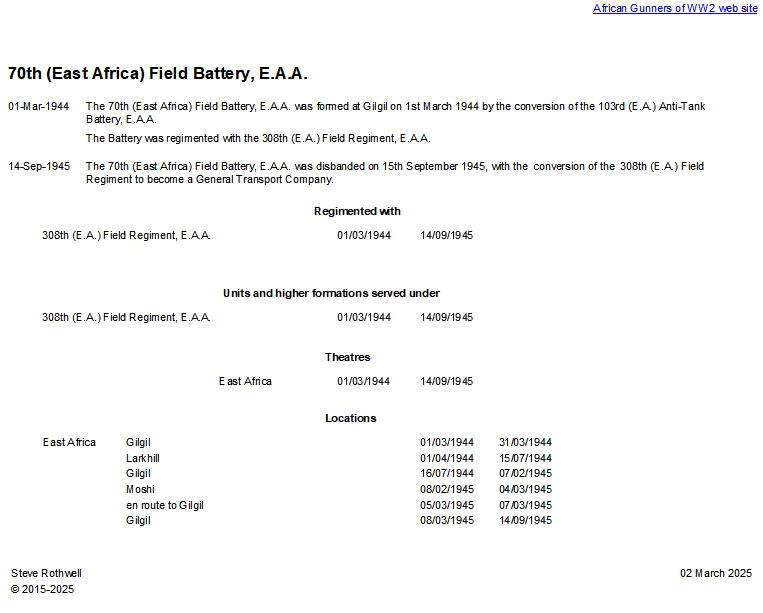 Summary history of the 70th (East Africa) Field Battery, E.A.A.