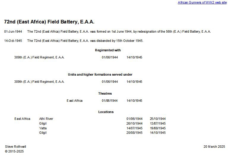 Summary history of the 72nd (East Africa) Field Battery, E.A.A.