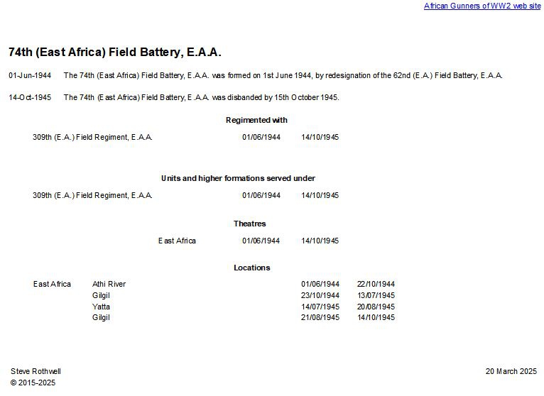 Summary history of the 74th (East Africa) Field Battery, E.A.A.