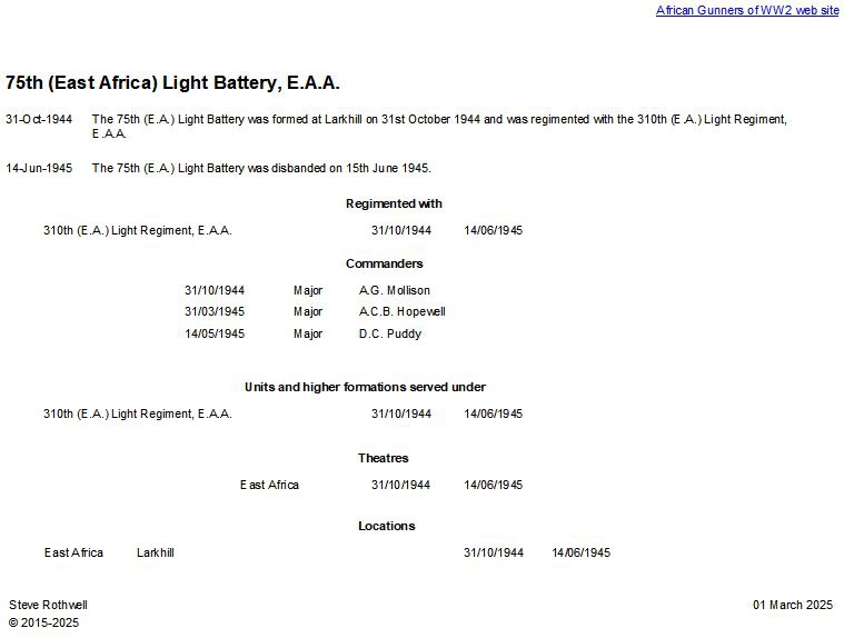 Summary history of the 75th (East Africa) Field Battery, E.A.A.