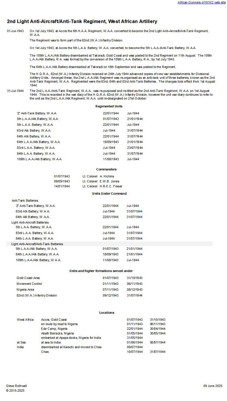 Summary history of the 2nd Light Anti-Aircraft/Anti-Tank Regiment, W.A.A.