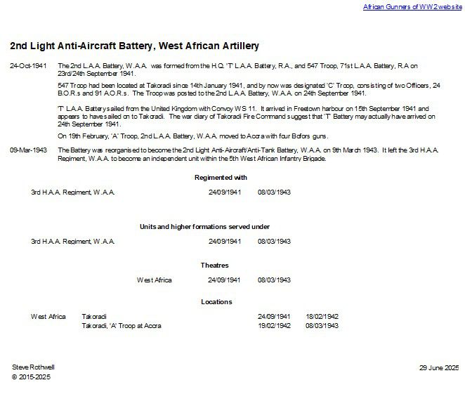 Summary history of the 2nd Light Anti-Aircraft Battery, W.A.A.