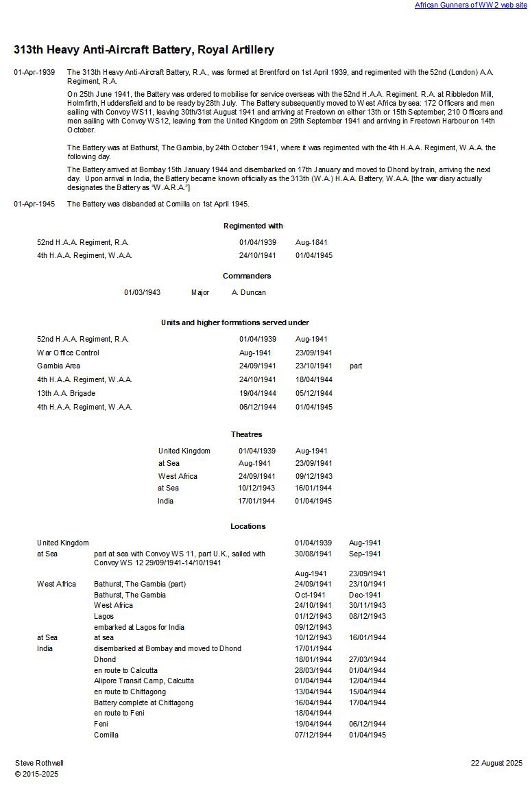 Summary history of the 313th H.A.A. Battery, R.A.