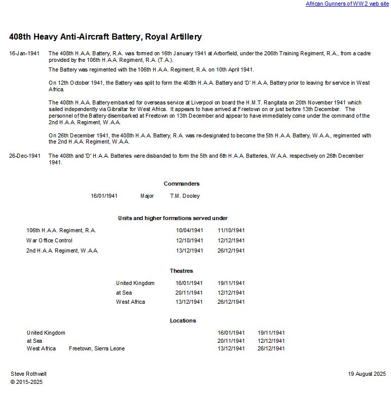 Summary history of the 408th H.A.A. Battery, R.A.