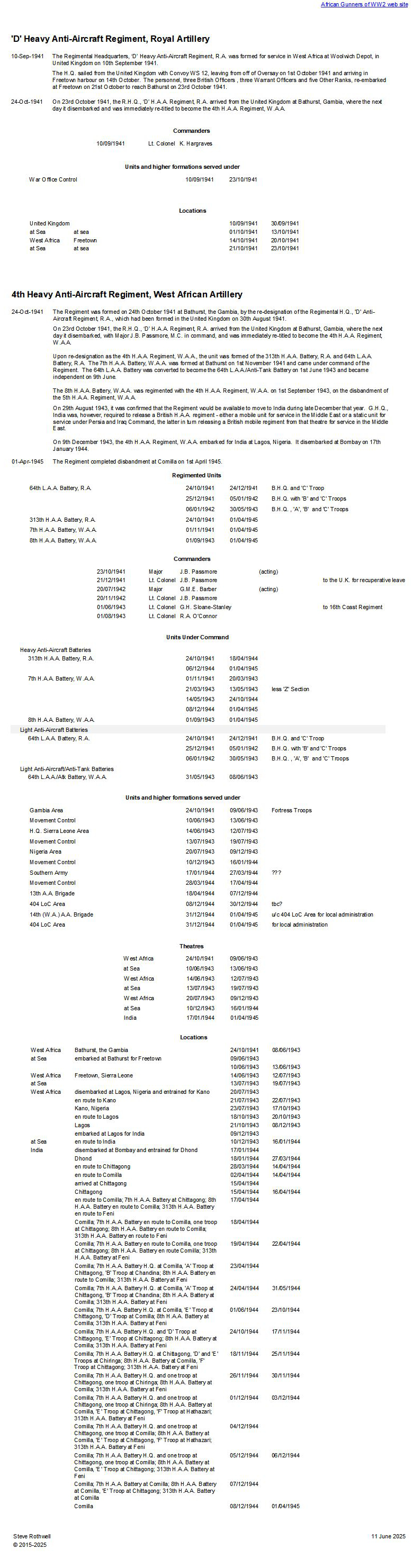 Summary history of the 'D' H.A.A. Regiment, R.A. - 4th H.A.A. Regiment, W.A.A.