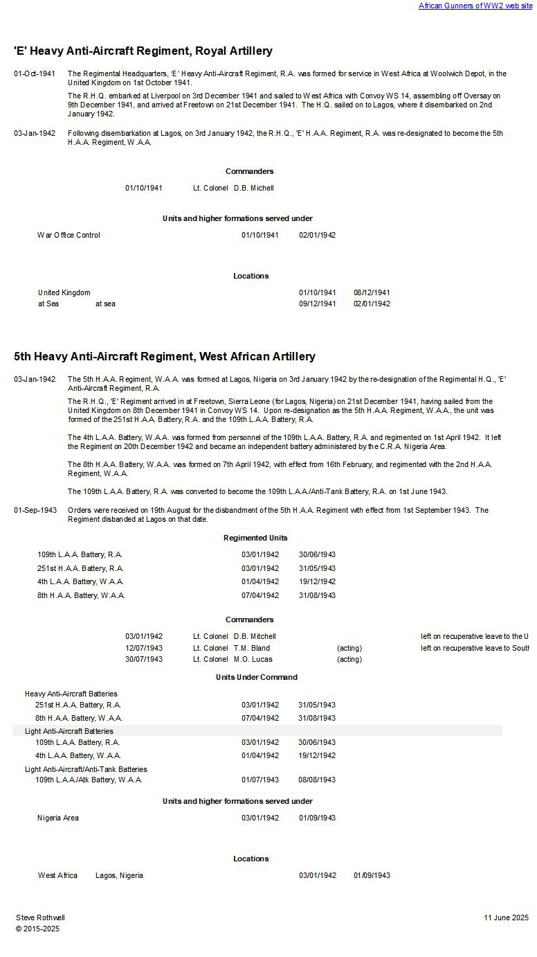 Summary history of the 'E' H.A.A. Regiment, R.A. - 5th H.A.A. Regiment, W.A.A.