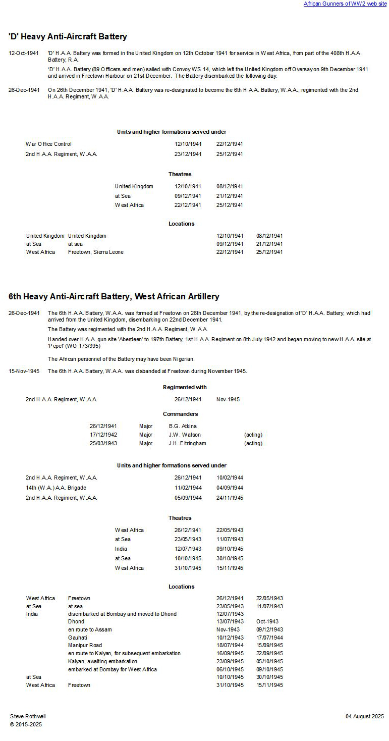 Summary history of ‘D’ H.A.A. Battery, R.A. - 6th H.A.A. Battery, W.A.A.