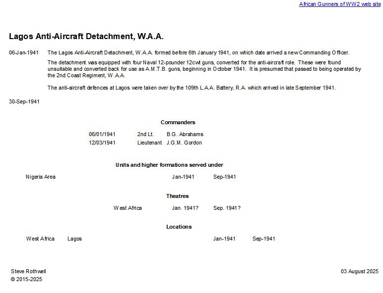 Summary history of the Lagos Anti-Aircraft Detachment, W.A.A.