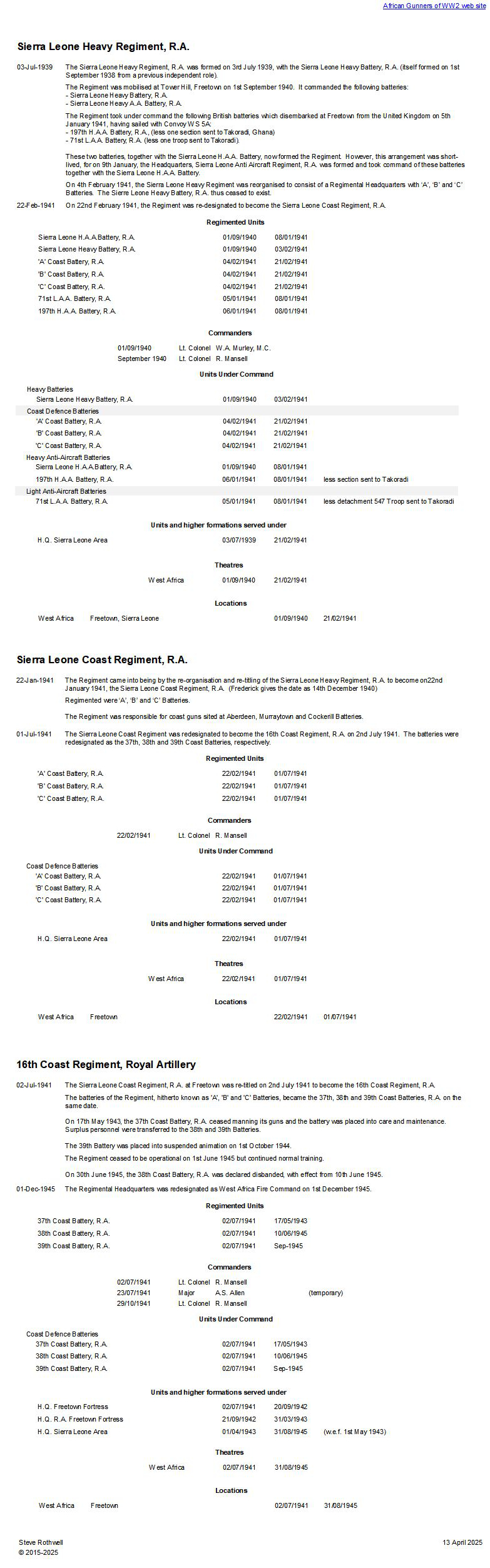 Summary history of the Sierra Leone Heavy/Coast Regiment, R.A. - 16th Coast Regiment, R.A.