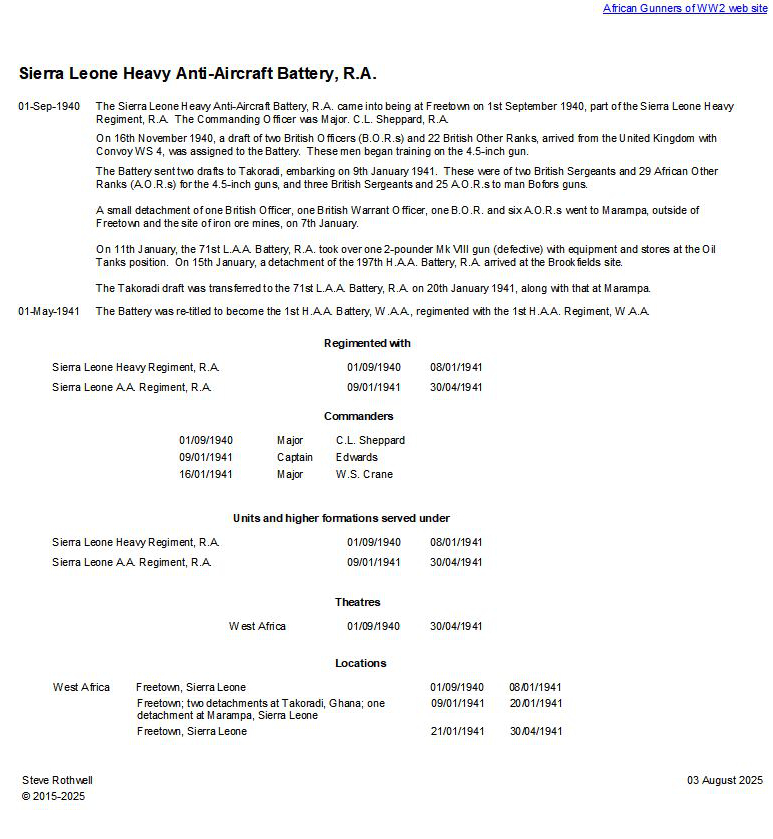 Summary history of the Sierra Leone H.A.A. Battery, R.A.