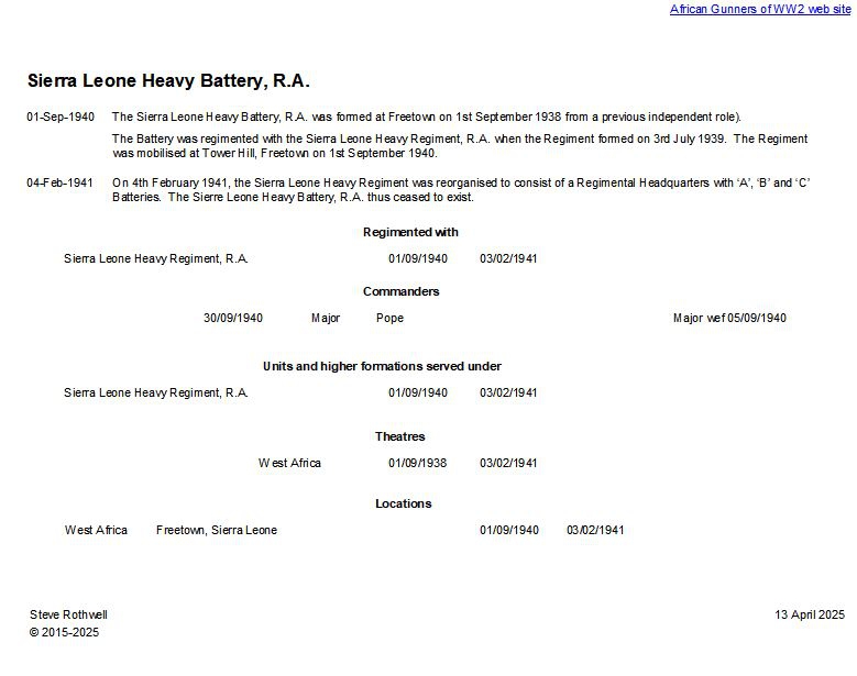 Summary history of the Sierra Leone Heavy Battery, R.A.