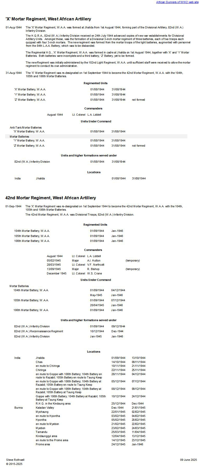 Summary history of the 'X' - 42nd Mortar Regiment, W.A.A.
