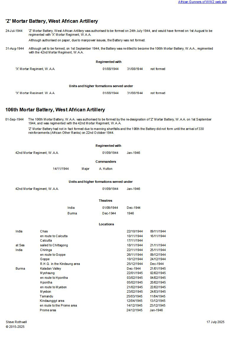 Summary history of ‘Z’ – 106th Mortar Battery, W.A.A.